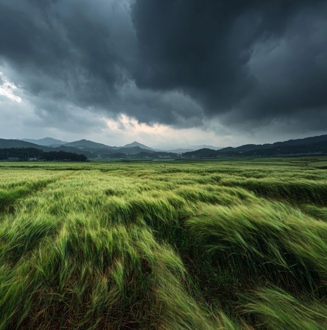 비오는날 쓰러진 벼들