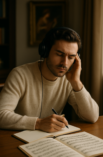 클래식 음악 들으며 공부하는 남성 이미지