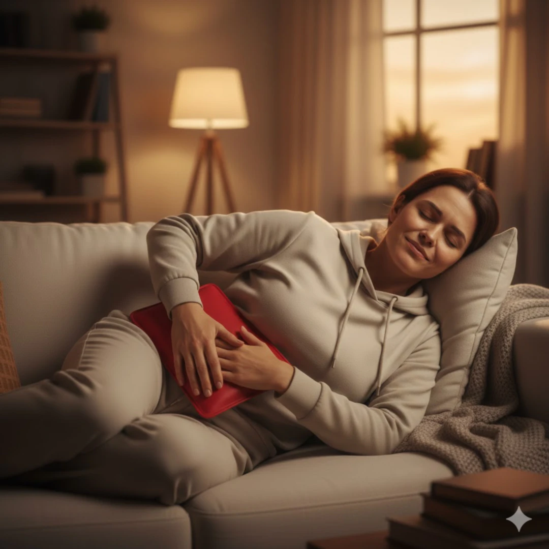 편안한 복장을 한 사람이 소파나 침대에 편안하게 누워 왼쪽 옆구리에 온찜질 팩을 올리고 휴식을 취하고 있는 모습을 그려주세요. 얼굴에는 평화롭고 안정감을 되찾는 표정이 드러납니다. 부드러운 조명과 따뜻한 색감으로 안정적이고 치유적인 분위기를 강조해 주세요.
