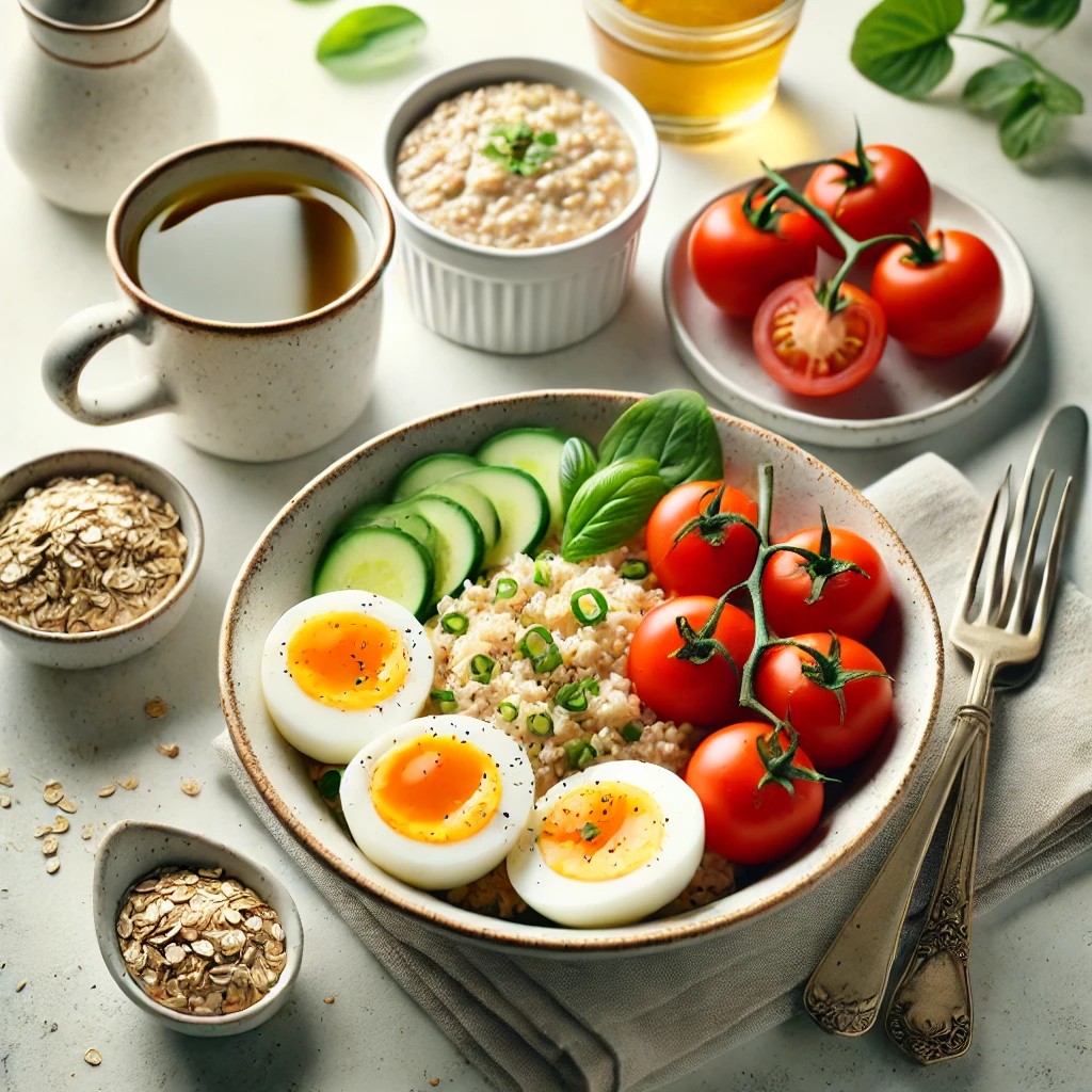 A plate of eggs, cucumber slices, oatmeal, tomatoes and a cup of green tea