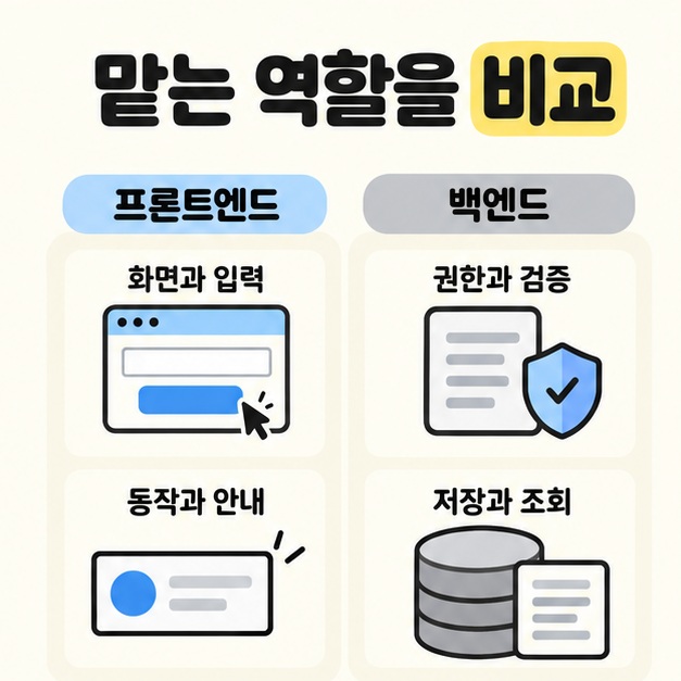 프론트엔드의 화면과 입력 및 동작과 안내를 백엔드의 권한과 검증 및 저장과 조회와 나란히 비교한 역할 도식