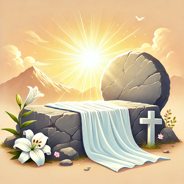 부활절 아침, 빈 무덤과 부드러운 햇살, 흰 천과 백합꽃이 생명과 소망