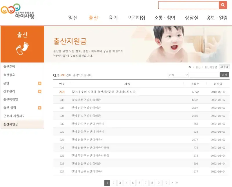 출산지원금을 선택하면 각 지자체에서 제공하는 지원금을 볼 수 있습니다.