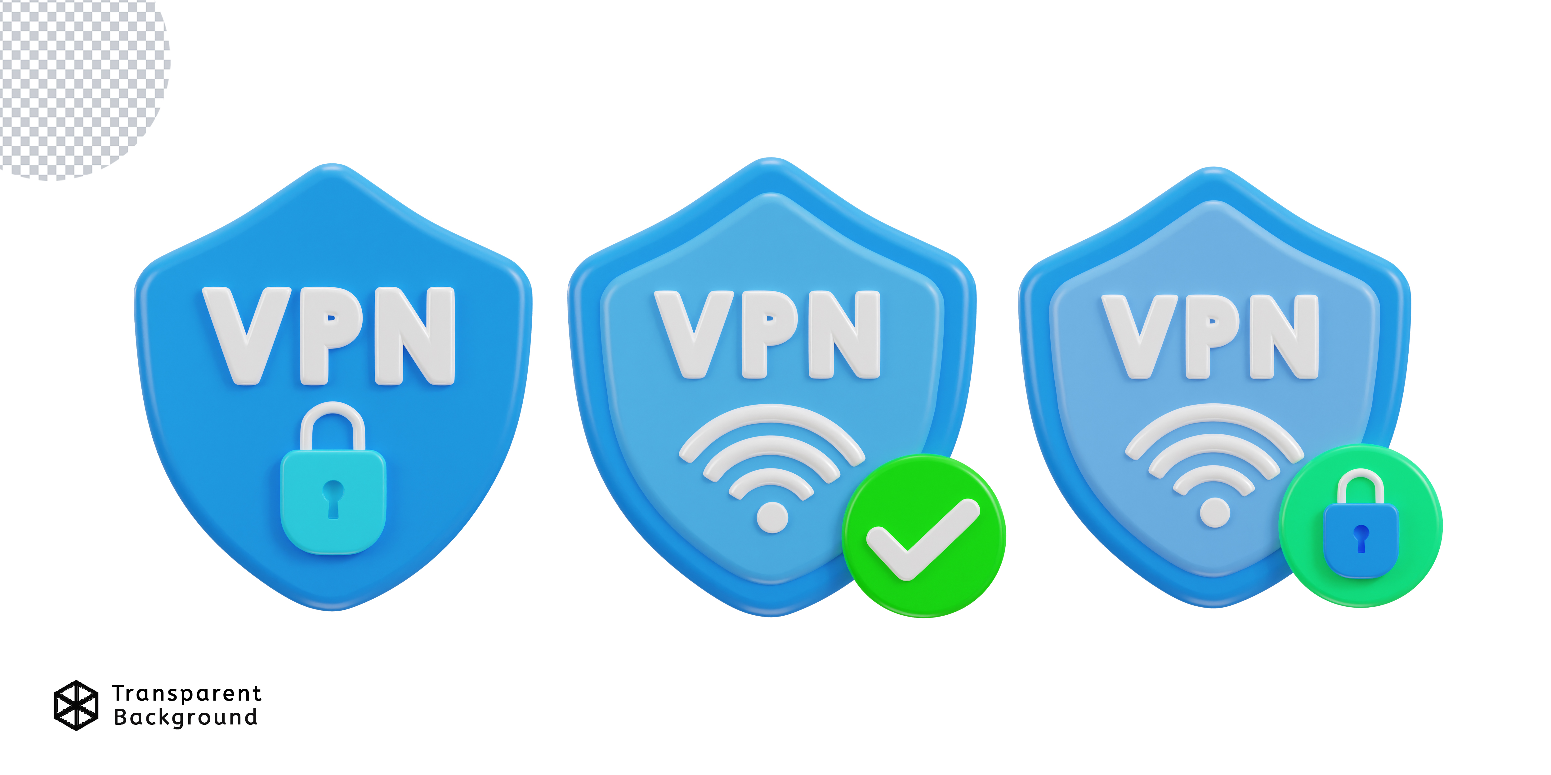 VPN 보안 상태를 나타내는 3개의 파란색 방패 아이콘 (잠금, 연결됨, 보안연결)