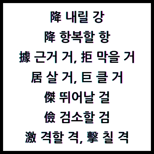 降 내릴 강, 降 항복할 항, 據 근거 거, 拒 막을 거, 居 살 거, 巨 클 거, 傑 뛰어날 걸, 儉 검소할 검, 激 격할 격, 擊 칠 격, 한자4급