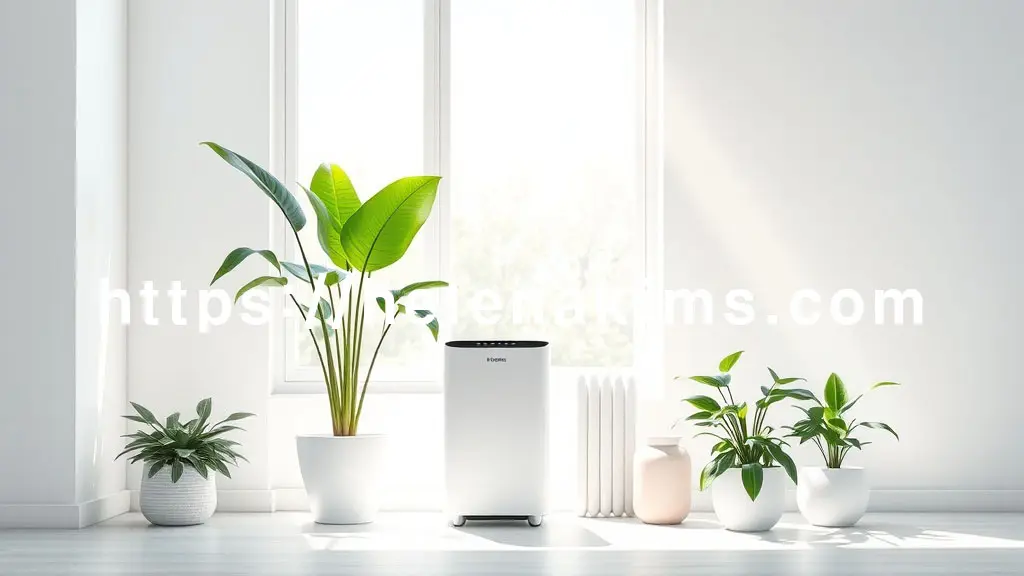 밝은 실내 공간. 깔끔한 디자인의 공기청정기와 은은하게 작동하는 가습기 옆에 싱그러운 공기정화 식물이 놓여 있다. 창문 너머로 맑은 햇살이 들어오며 깨끗하고 상쾌한 공기 흐름을 시각적으로 표현한 이미지.