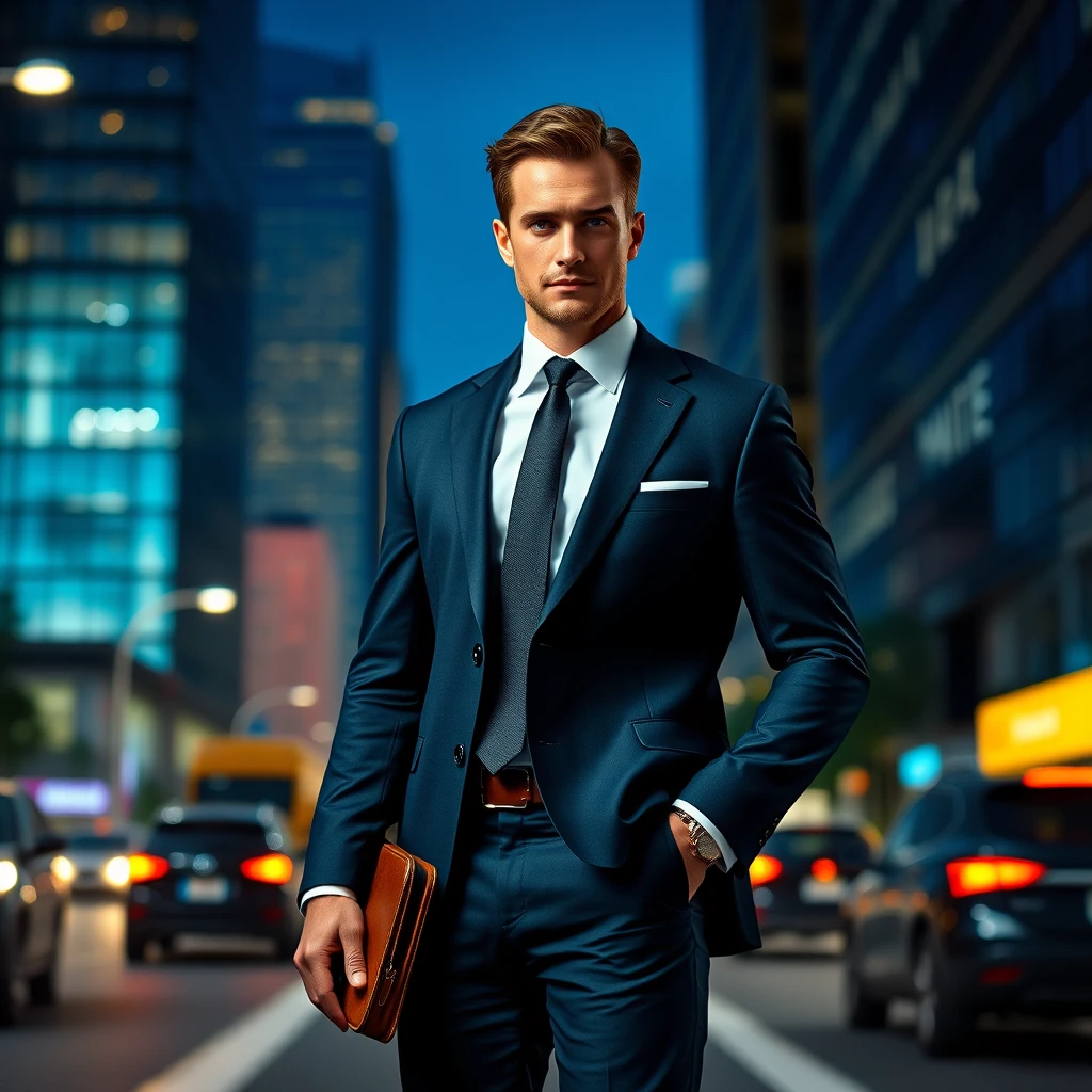 정장을 입고 도심 가운데 서있는 남성의 모습