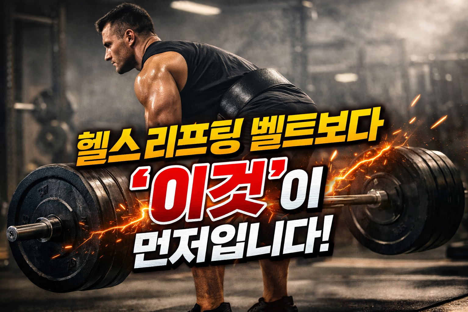 헬스 리프팅 벨트보다 복압 유지가 중요한 이유를 설명하는 데드리프트 실사 이미지, 고중량 바벨을 드는 남성의 허리 안정화 장면