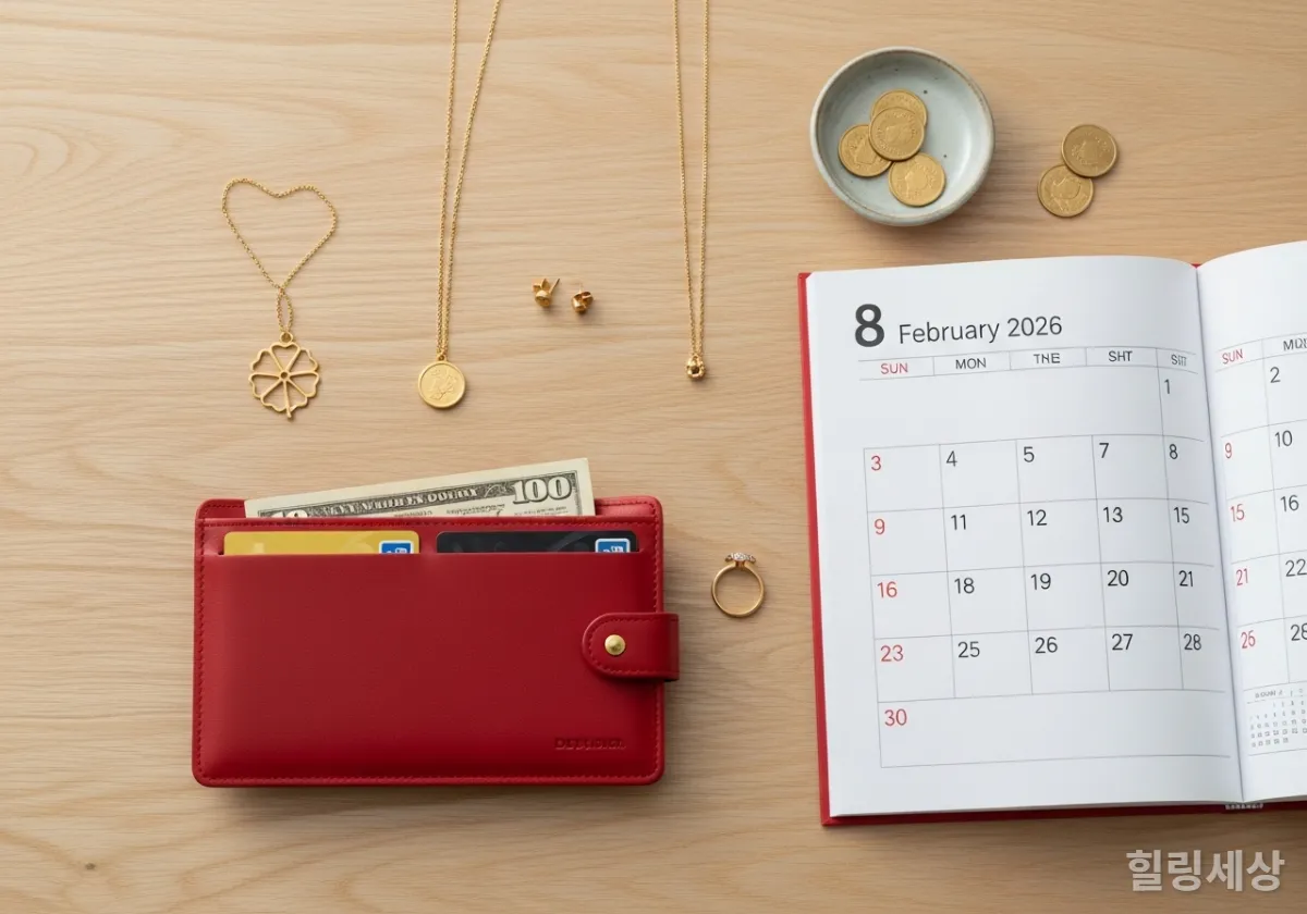 2026년 행운의 아이템인 빨간 지갑과 금색 장신구 연출 사진