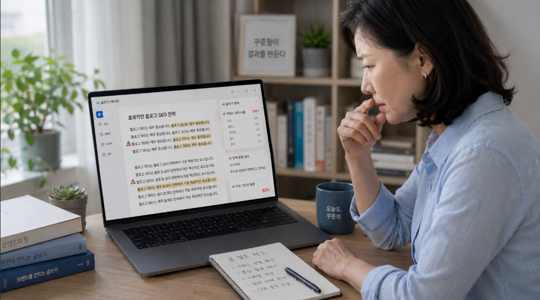 AI가 작성한 블로그 글을 검토하며 수정이 필요한 부분을 확인하는 장면
