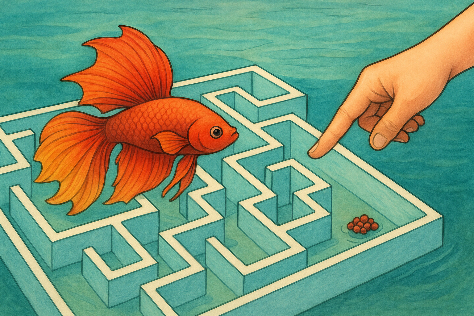 물미로 위를 헤엄치는 밝은 주황색 베타 열대어가 인간 손가락의 유도에 따라 움직이고 있으며, 미로 끝에는 작은 먹이 알갱이가 놓여 있는 모습. 수중 배경과 파란색 미로는 시원한 느낌을 주고, 베타의 생동감 있는 색상이 돋보이는 장면.