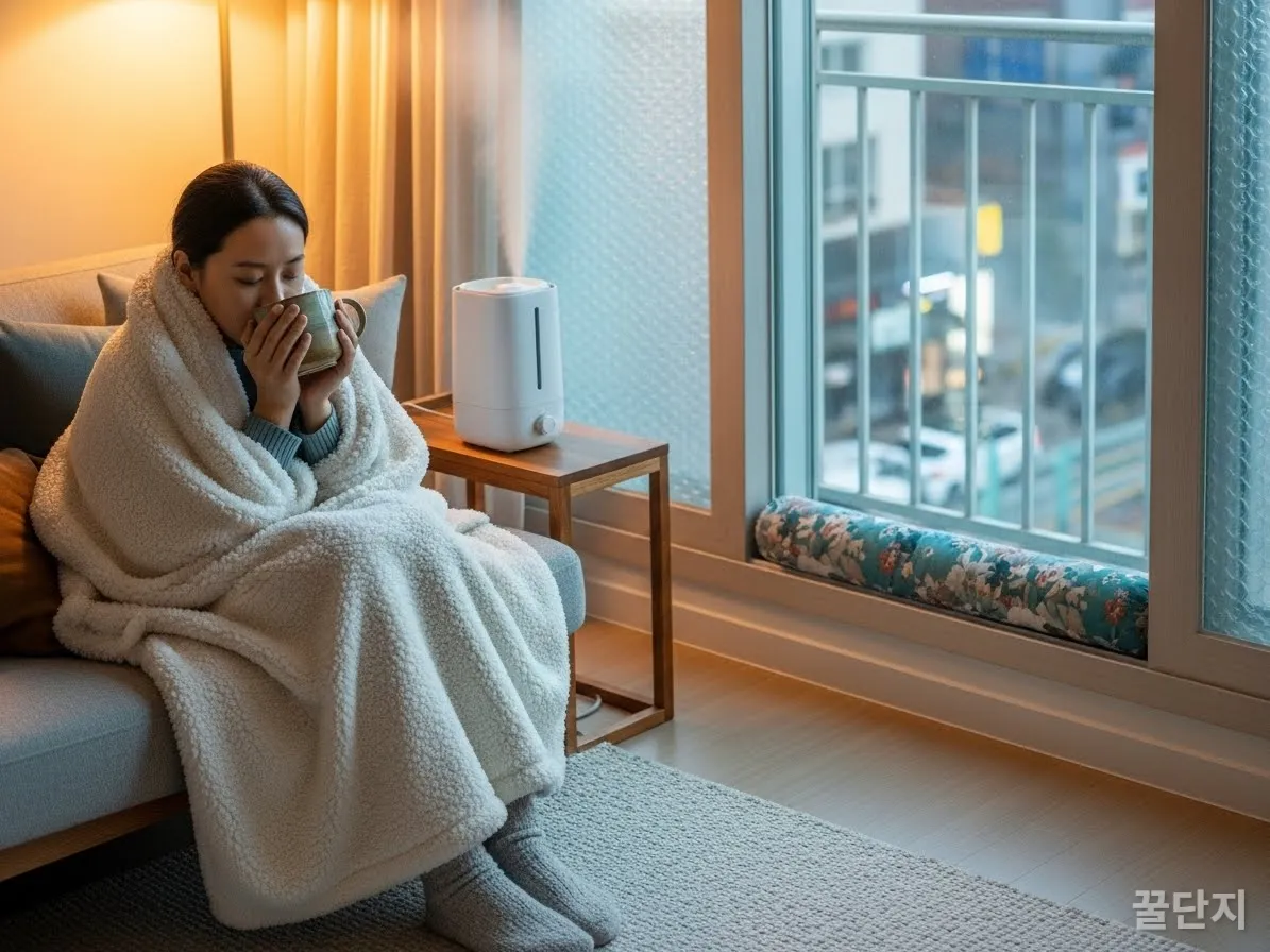 난방비 절약을 위한 단열재와 담요로 아늑하게 꾸민 한국인 거실