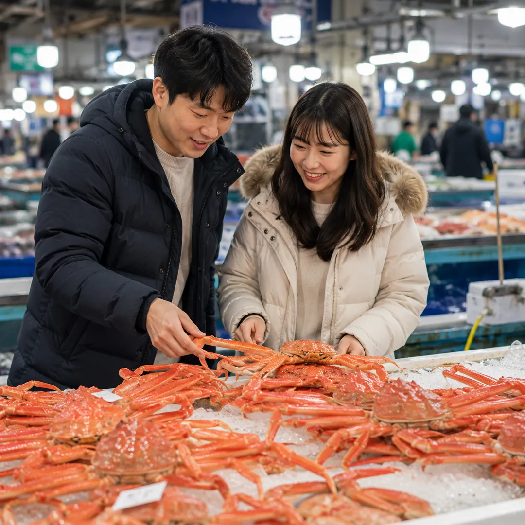 수산시장에서 신선한 붉은대게를 고르는 모습