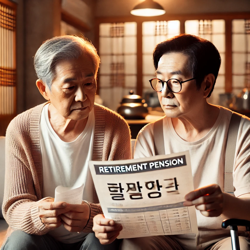 편안한 거실에서 '퇴직연금' 문서를 보고 있는 한국의 중년 남성 2명