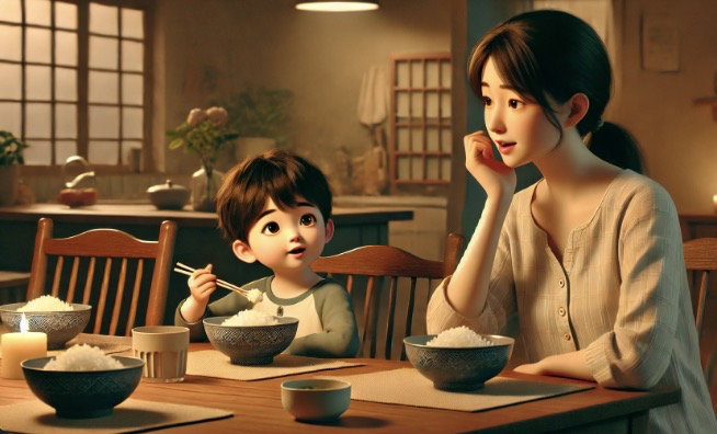 따뜻한 가족 저녁 식사 장면 속에서 아이가 궁금해하는 모습
