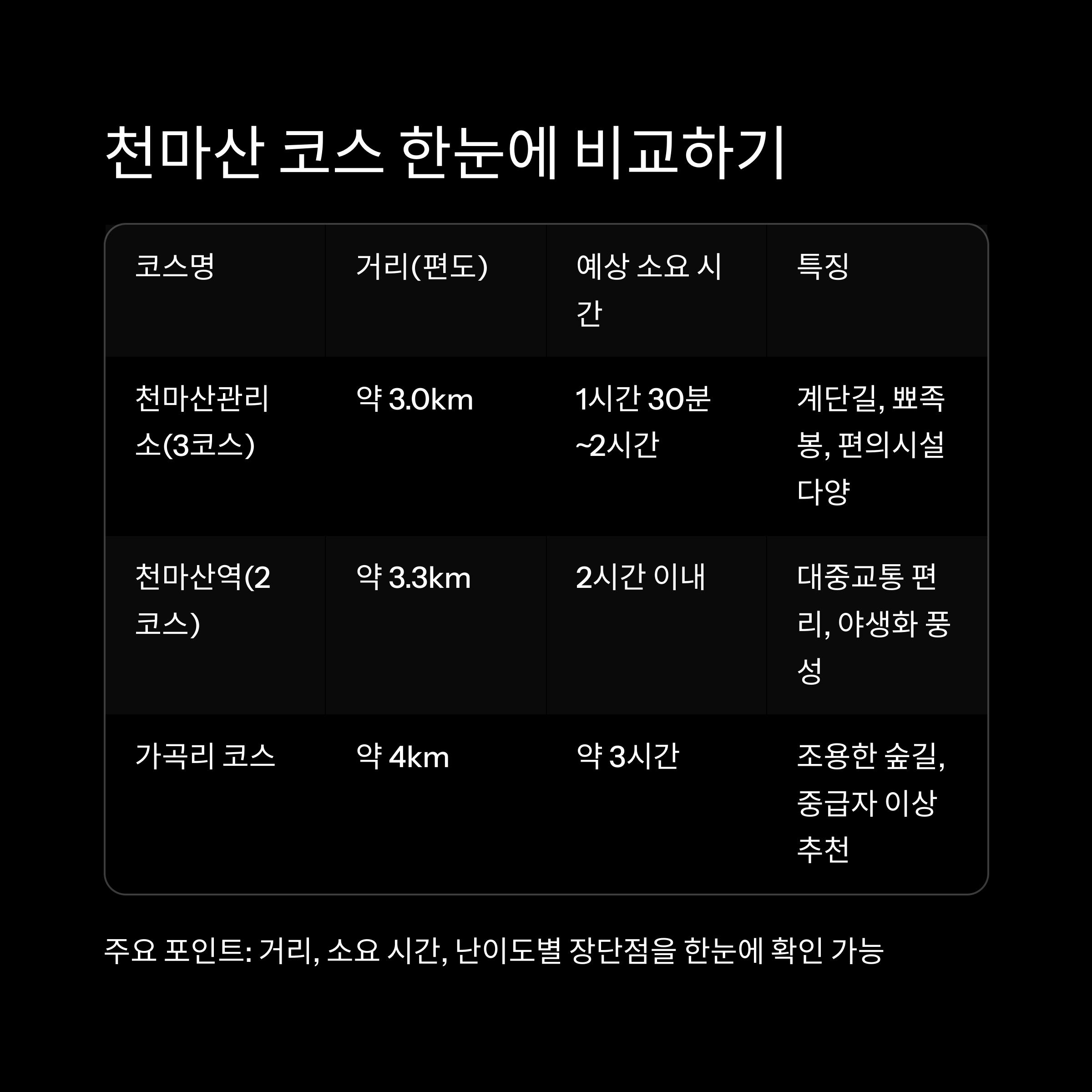 표로 정리한 대표 코스 비교