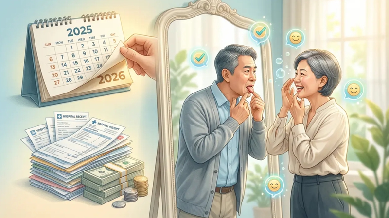 2025년 연말, 거울 앞에서 자신의 눈, 피부, 움직임을 꼼꼼히 점검하는 50대 남녀. 2026년 건강을 위한 셀프 건강 체크.