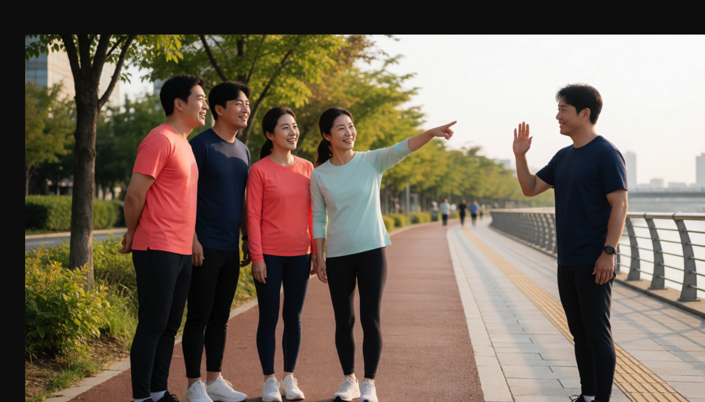 강변 공원에서 한 사람이 손을 들어 작별하고 네 명이 함께 서 있는 모습