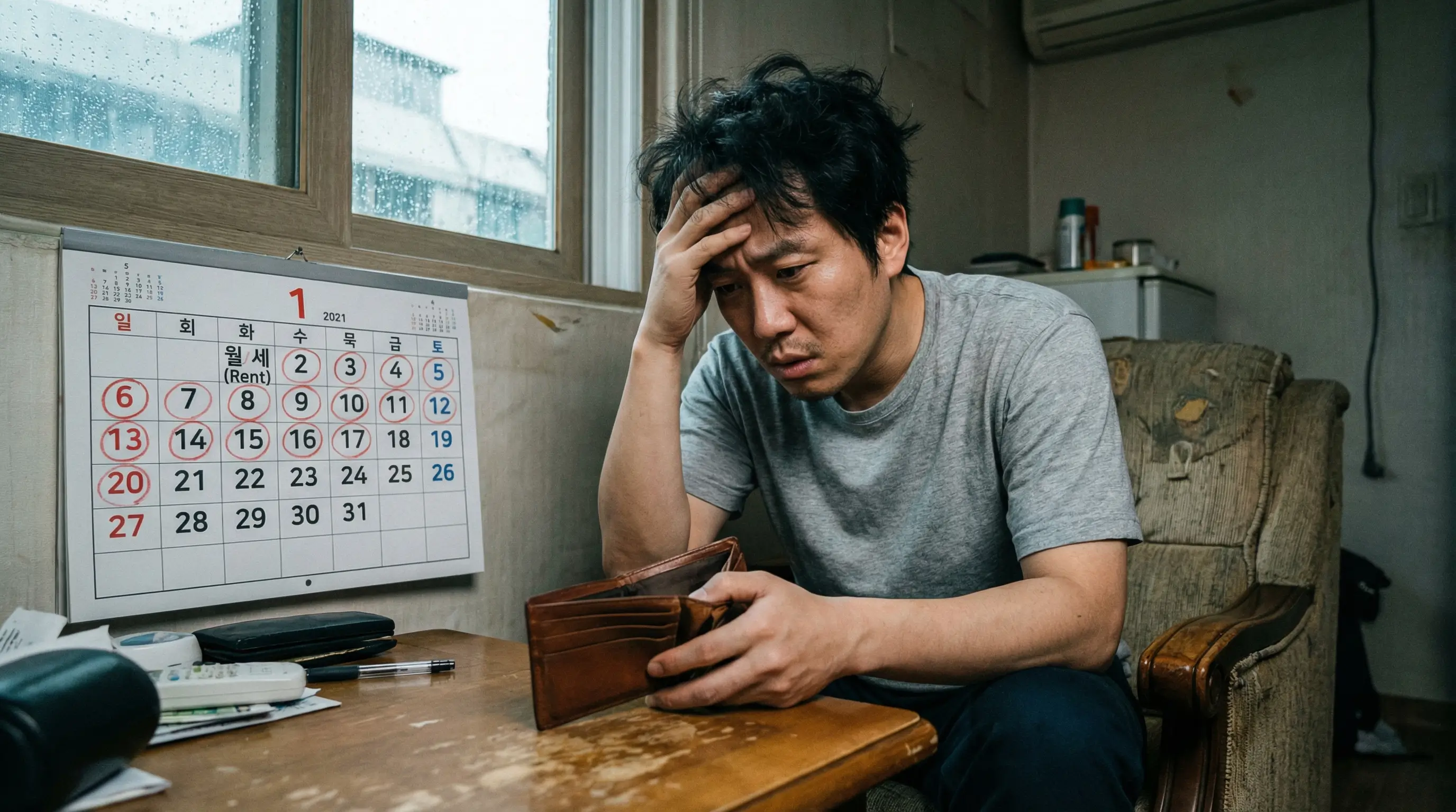 달력과 텅 빈 지갑을 보며 불안해하는 세입자 모습