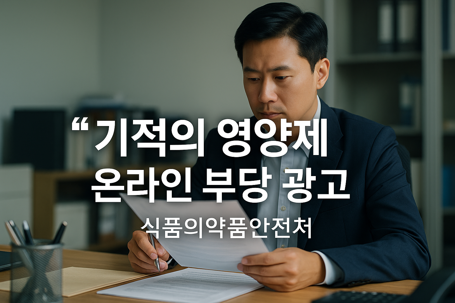 식약처 사무실에서 수능 영양제 온라인 광고 점검 서류를 검토하는 한국인 공무원의 모습으로, 화면 중앙에 ‘기적의 영양제 온라인 부당 광고’라는 문구가 보입니다.