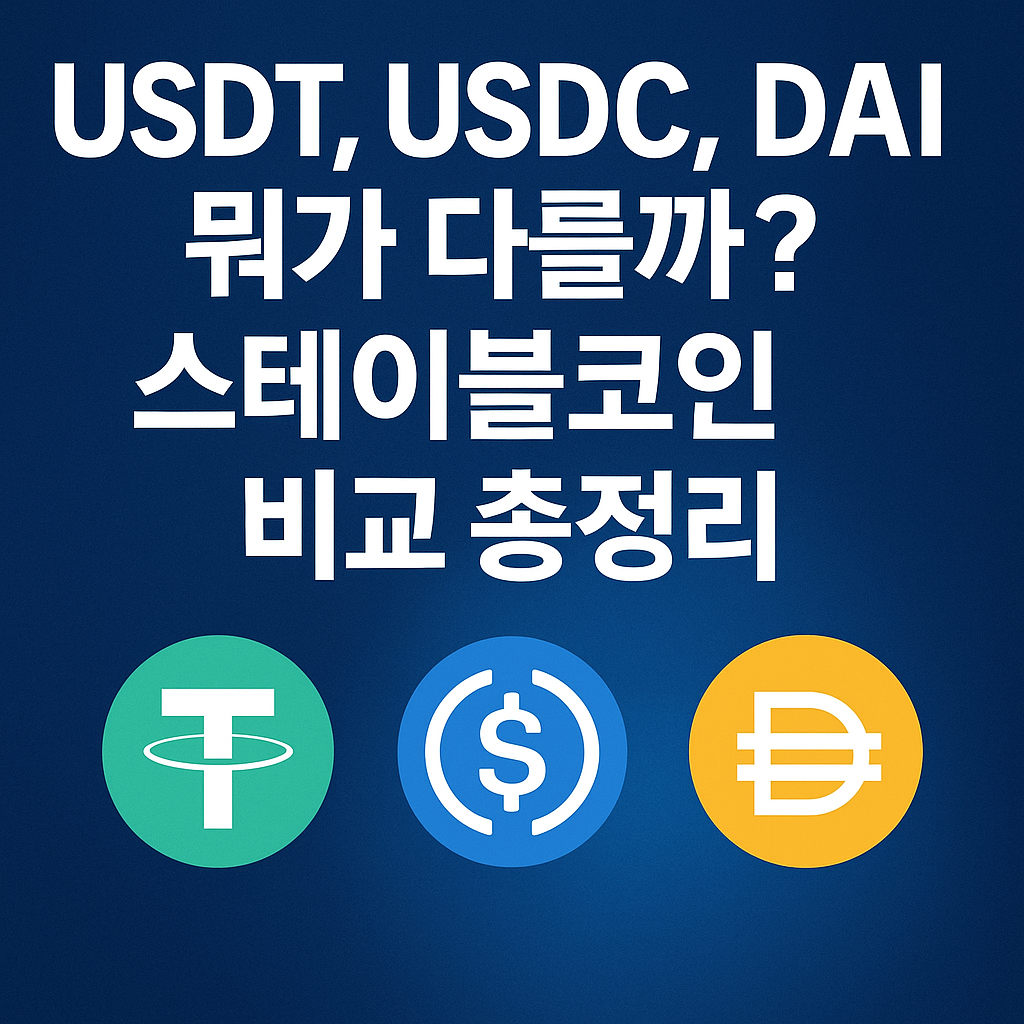 USDT, USDC, DAI 뭐가 다를까?"라는 문구와 함께 각 코인의 로고가 배치된 파란색 배경의 썸네일 이미지.