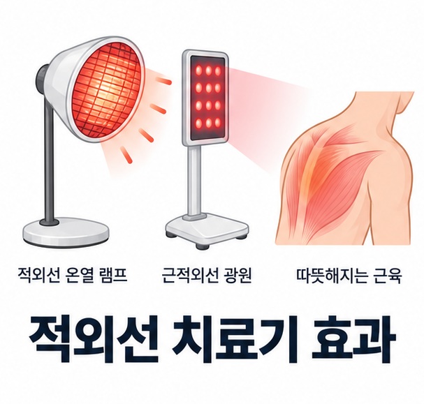 적외선 치료기 효과와 적외선 온열기, 근적외선 광원을 함께 보여주는 건강 안내 이미지