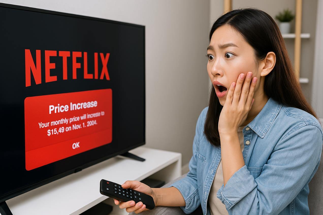 넷플릭스 요금 인상 알림에 놀라는 여성.