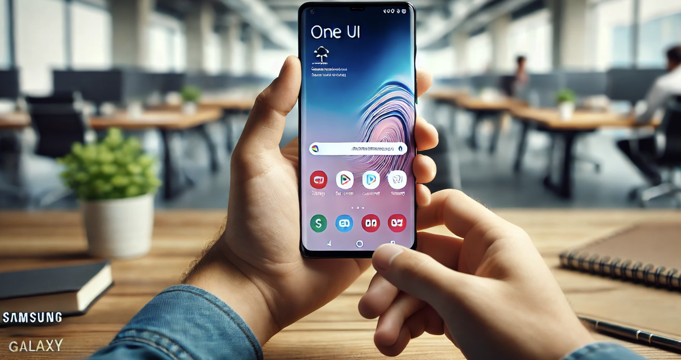 사무실에서 삼성 갤럭시 스마트폰을 들고 있는 손의 클로즈업.