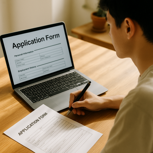 년이 노트북으로 신청서를 작성하는 모습