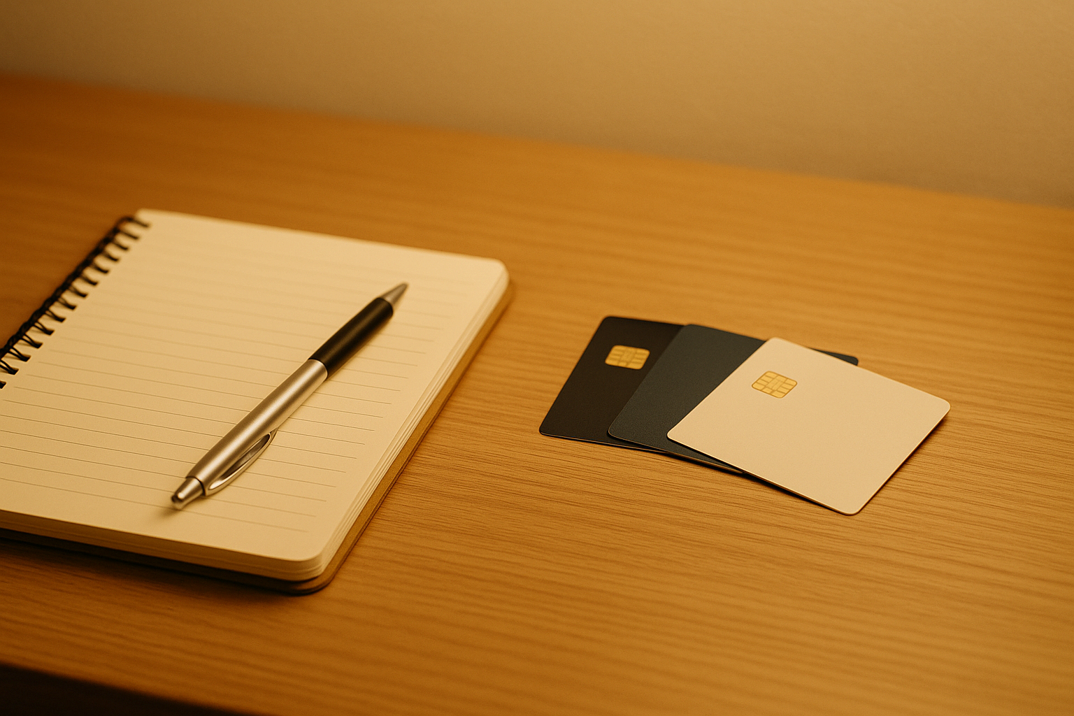 노트와 펜, 카드로 지출 내역을 정리하는 모습