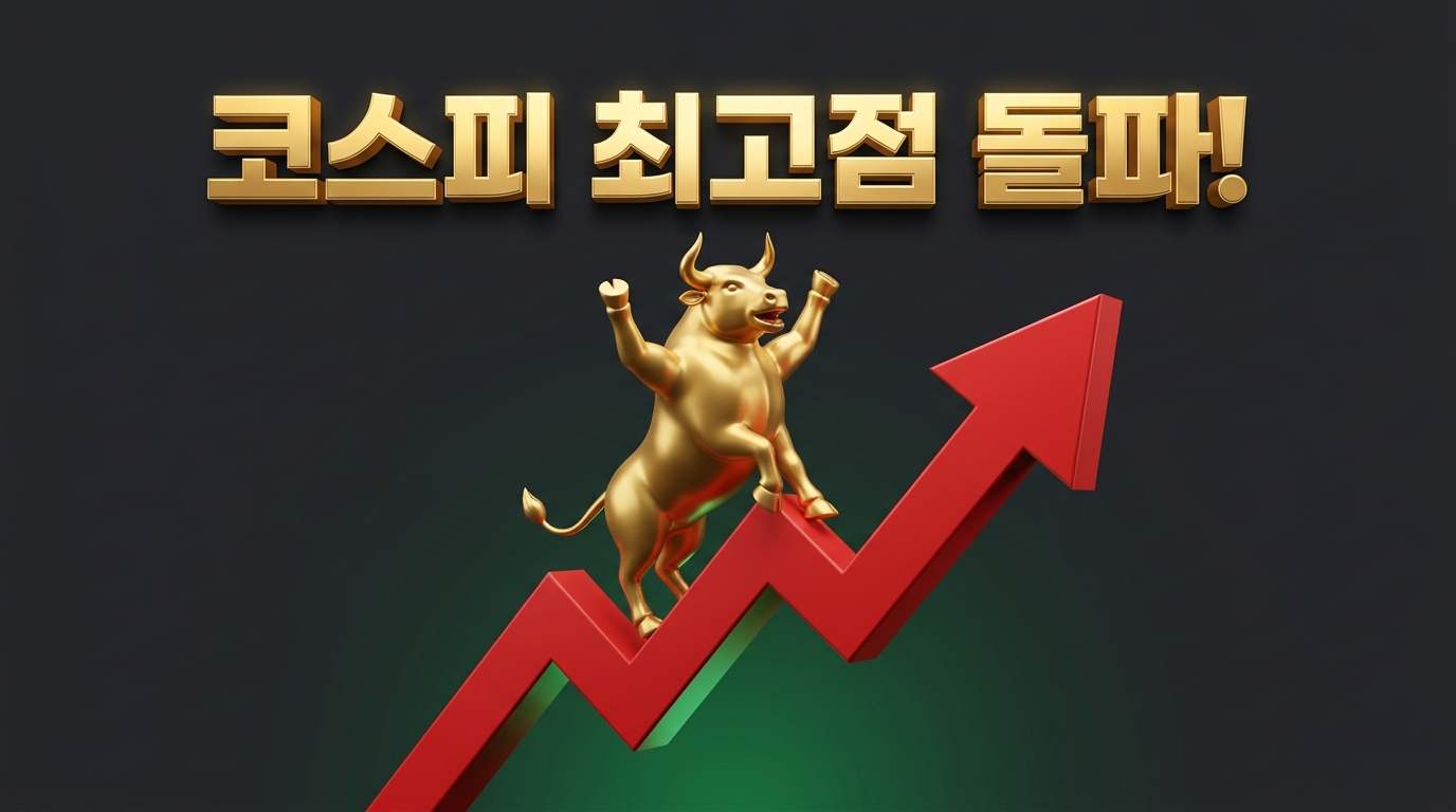 코스피 사상 최고치 돌파를 상징하는 붉은 상승 화살표와 강세장을 뜻하는 황소 캐릭터 3D 썸네일 이미지