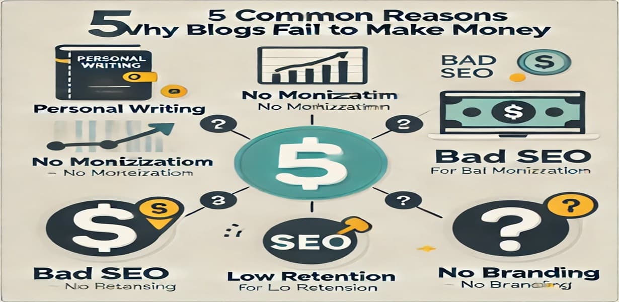 수익이 안 나는 블로그의 5가지 특징 인포그래픽 – 일기형 글쓰기, 수익모델 부재, SEO 부족, 이탈율 증가, 브랜딩 없음