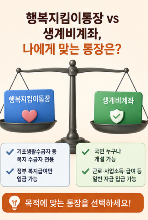 행복지킴이통장 vs 생계비계좌, 무엇이 다를까? 2026 압류불가 생계비계좌 신청방법 및 조건 안내 (250만원 한도)