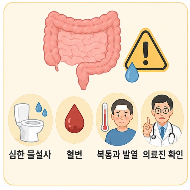 항생제 복용 중 심한 물설사와 혈변, 복통과 발열이 나타나면 의료진 확인이 필요함을 보여주는 그림