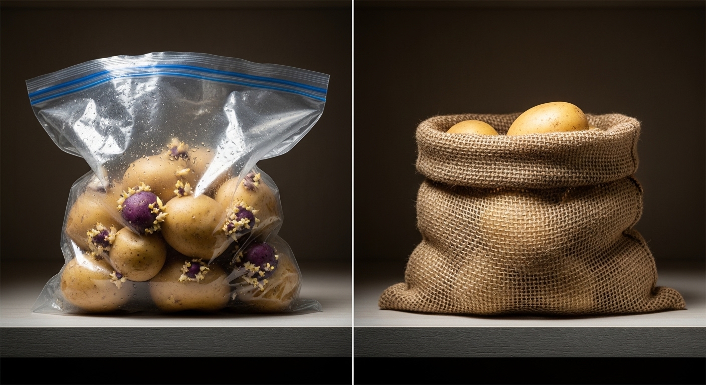 통풍이 잘 되지 않는 비닐봉투와 통풍이 잘 되는 망사 자루에 보관된 감자의 비교