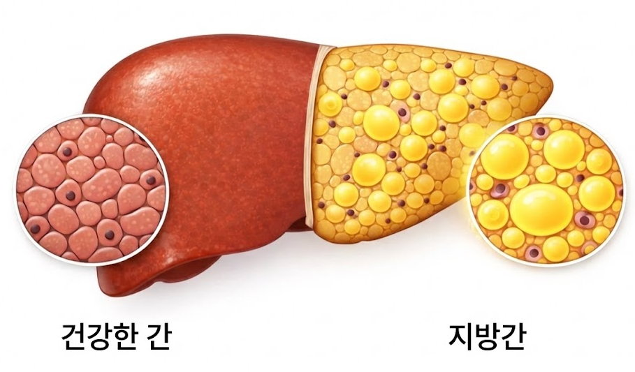 건강한 간과 지방간의 단면 비교 이미지, 간세포 내 지방 축적 차이를 보여주는 일러스트