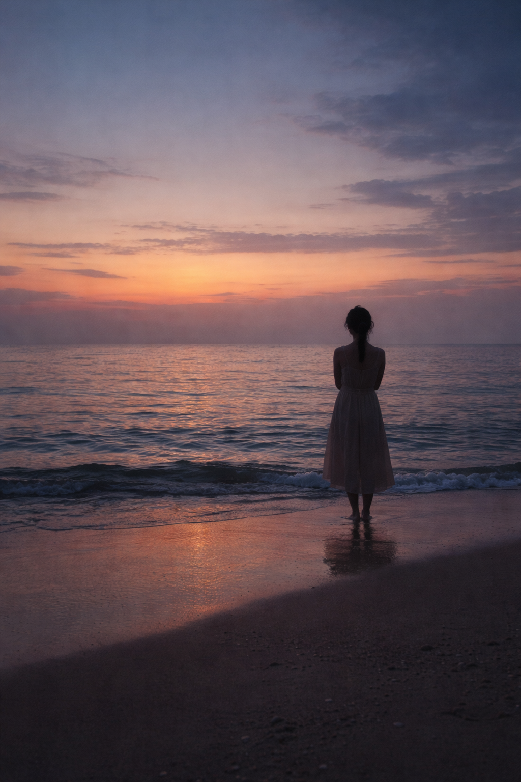 해 질 무렵 바닷가에 서서 수평선을 바라보는 쉼표의 뒷모습