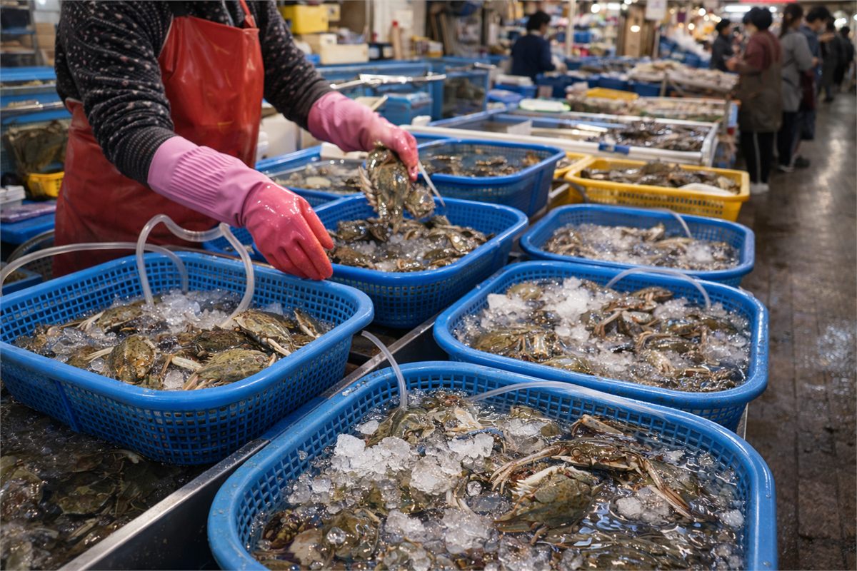 한국 수산시장에서 봄 꽃게를 고르고 정리하는 현장 모습 
