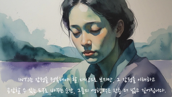 INTJ는 감정을 ‘지워야 할 것’으로 보지만, 오히려 감정을 인식하고 활용할 수 있을 때 더 깊은 통합이 이루어집니다에 관한 그림
