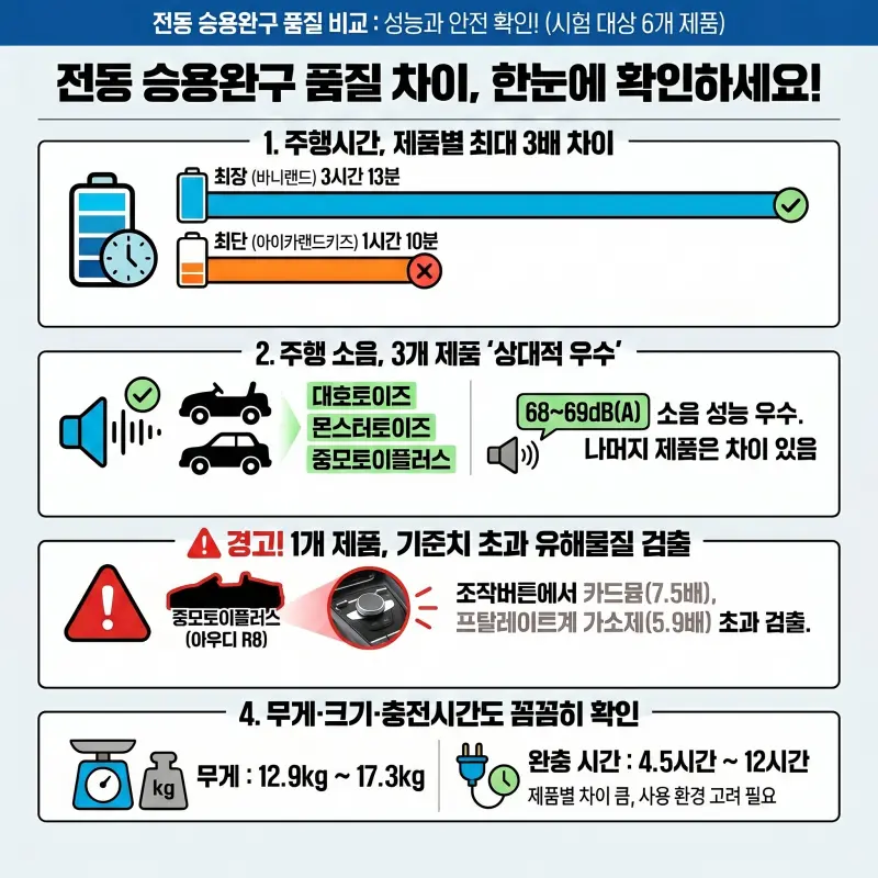 전동 승용완구 품질비교 핵심 결과와 주행시간 소음 유해물질 요약