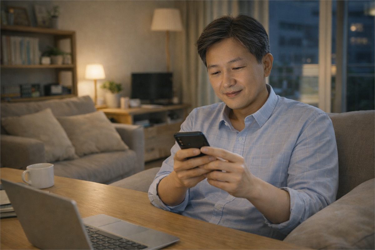 오랜 지인에게 다시 연락하는 한국인 남성의 일상 장면 