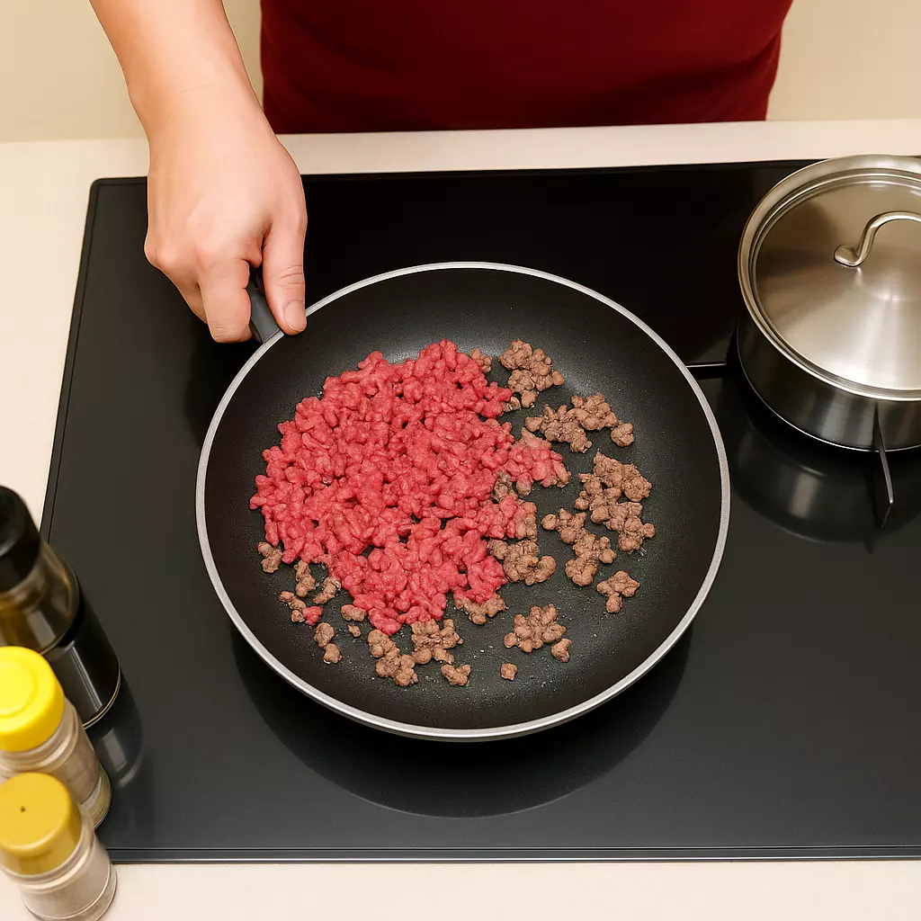 &ldquo;팬 위에 다진 소고기와 버터를 넣고 볶는 이장우 장조림비빔밥 초기 조리 단계&rdquo;