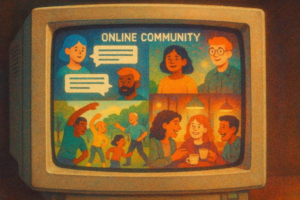 온라인 커뮤니티를 주제로 다양한 사람들이 소통하고 어울리는 모습을 표현한 복고풍 일러스트