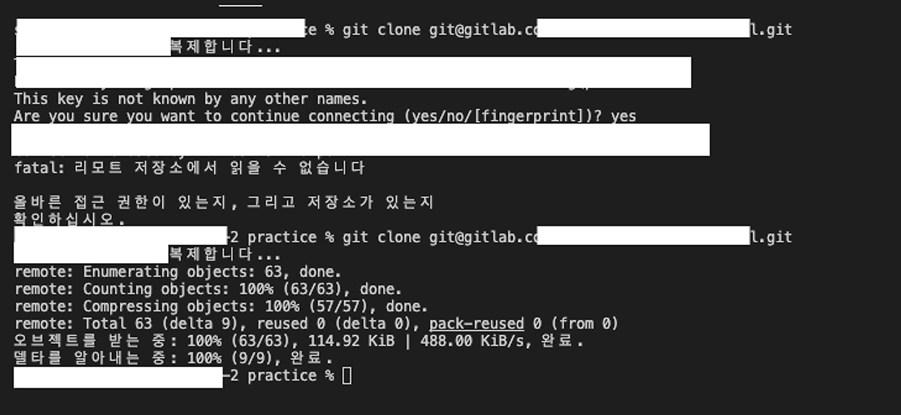 터미널에서 git clone 명령어 실행 후 정상적으로 프로젝트가 복제된 화면