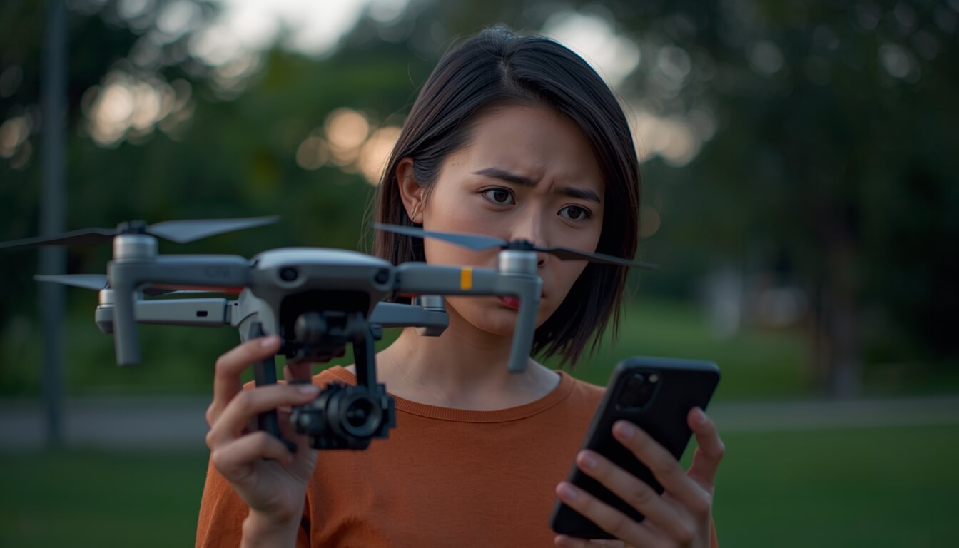 중고 거래 후 고장 난 드론을 보고 당황해하는 여성