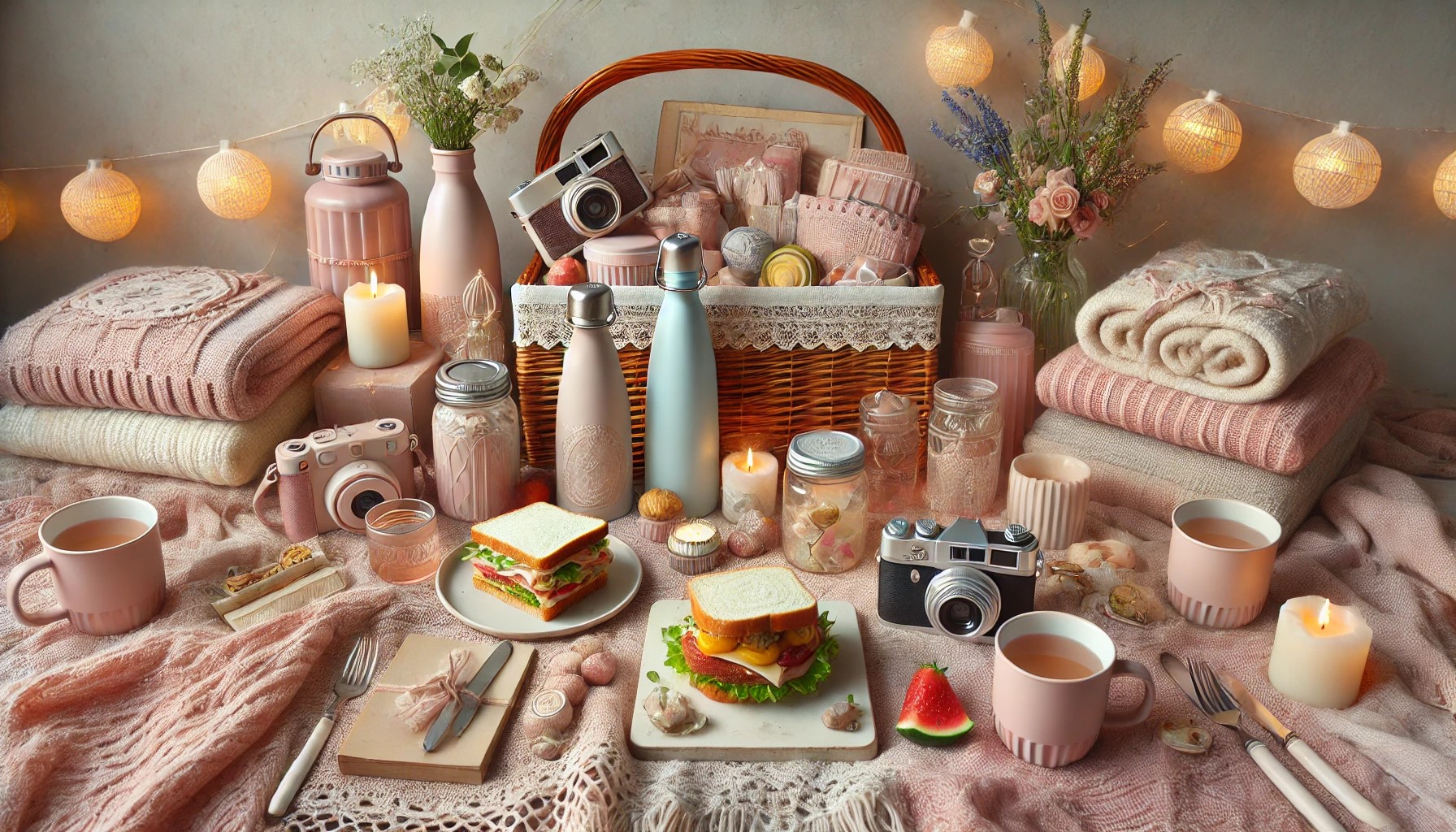 A collection of trendy picnic items styled for 2025 aesthetic mood, laid out in a beautifully composed scene.