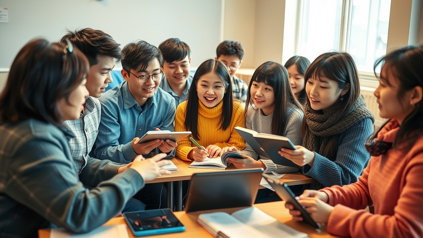 공무원 국어 학원에서 선생님께 설명듣고 있는 수험생들