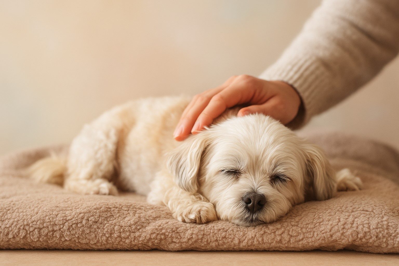 노령견이 보호자의 돌봄을 받으며 편히 쉬고 있는 모습(담요에 노령견이 엎드려 자고 있고 보호자가 등을 쓰다듬고 있다.)