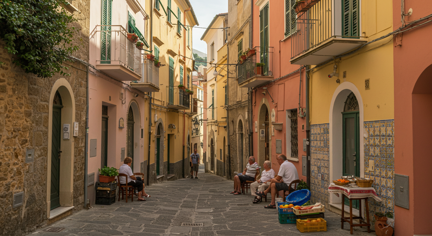 파스텔톤 건물들이 줄지은 골목길