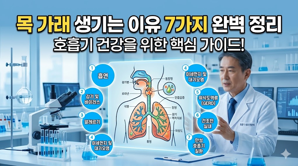 목에 가래가 생기는 원인을 설명하는 2026년형 전문 건강 블로그 섬네일 이미지.